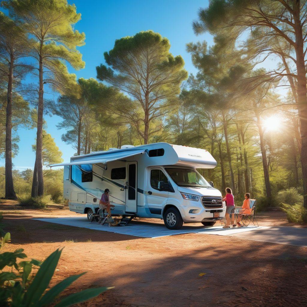 A vibrant scene of a family setting up an RV in a sunny landscape, showcasing various sun protection products like awnings, UV-blocking screens, and reflective shades. Include lush green trees, a clear blue sky, and sunbeams filtering through the leaves, emphasizing a safe outdoor adventure vibe. Add a subtle outdoor lifestyle feel to evoke a sense of freedom and exploration. super-realistic. vibrant colors. clear blue sky.