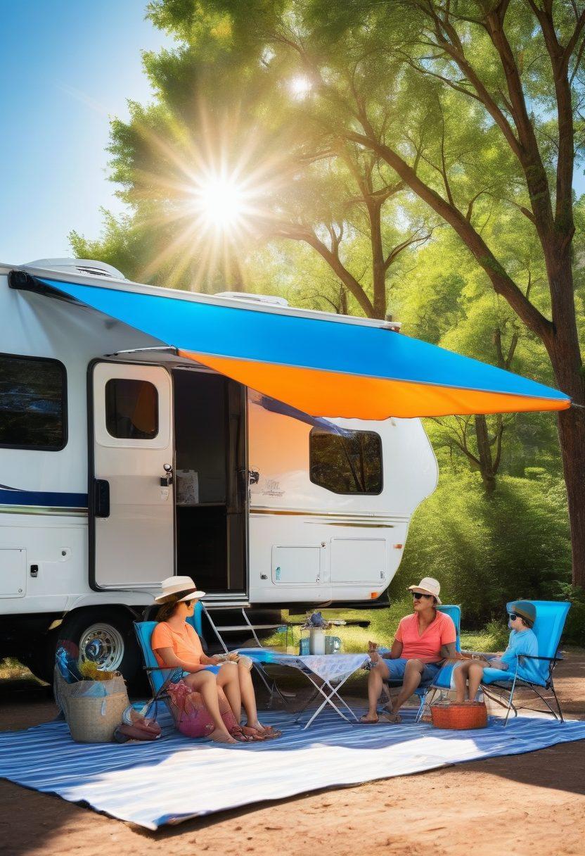 A sunny RV parked under a large, protective awning in a scenic campground with vibrant greenery and a bright blue sky. A family enjoys a picnic outside the RV, wearing UV-blocking clothing and using sun hats and sunglasses. Sun rays are visually depicted, illustrating their harmful effect with a glowing aura, while showing UV protection products nearby. Include a graph or chart about UV protection subtly in the background. super-realistic. vibrant colors. bright background.