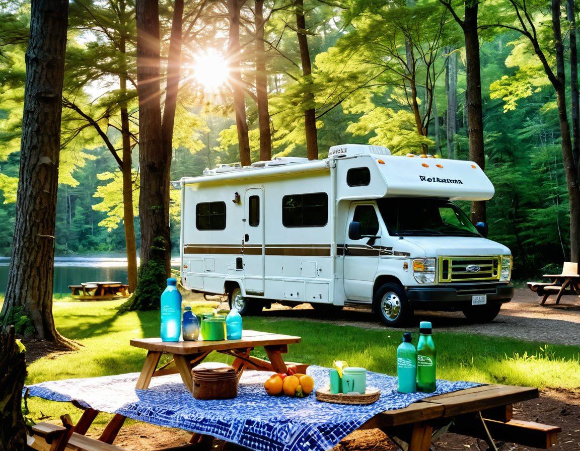 A serene outdoor scene featuring an RV parked under tall trees, surrounded by vibrant green nature. Include eco-friendly sunscreen products displayed on a picnic table alongside stylish outdoor accessories like a solar-powered lantern and reusable water bottles. Capture the sun shining through the leaves, highlighting the harmony between outdoor adventure and environmental sustainability. super-realistic. vibrant colors. outdoor setting.